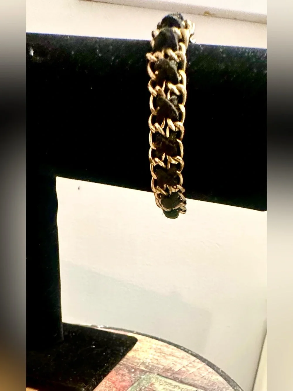 Men's Black Woven Leather and Gold Chain Bracelet